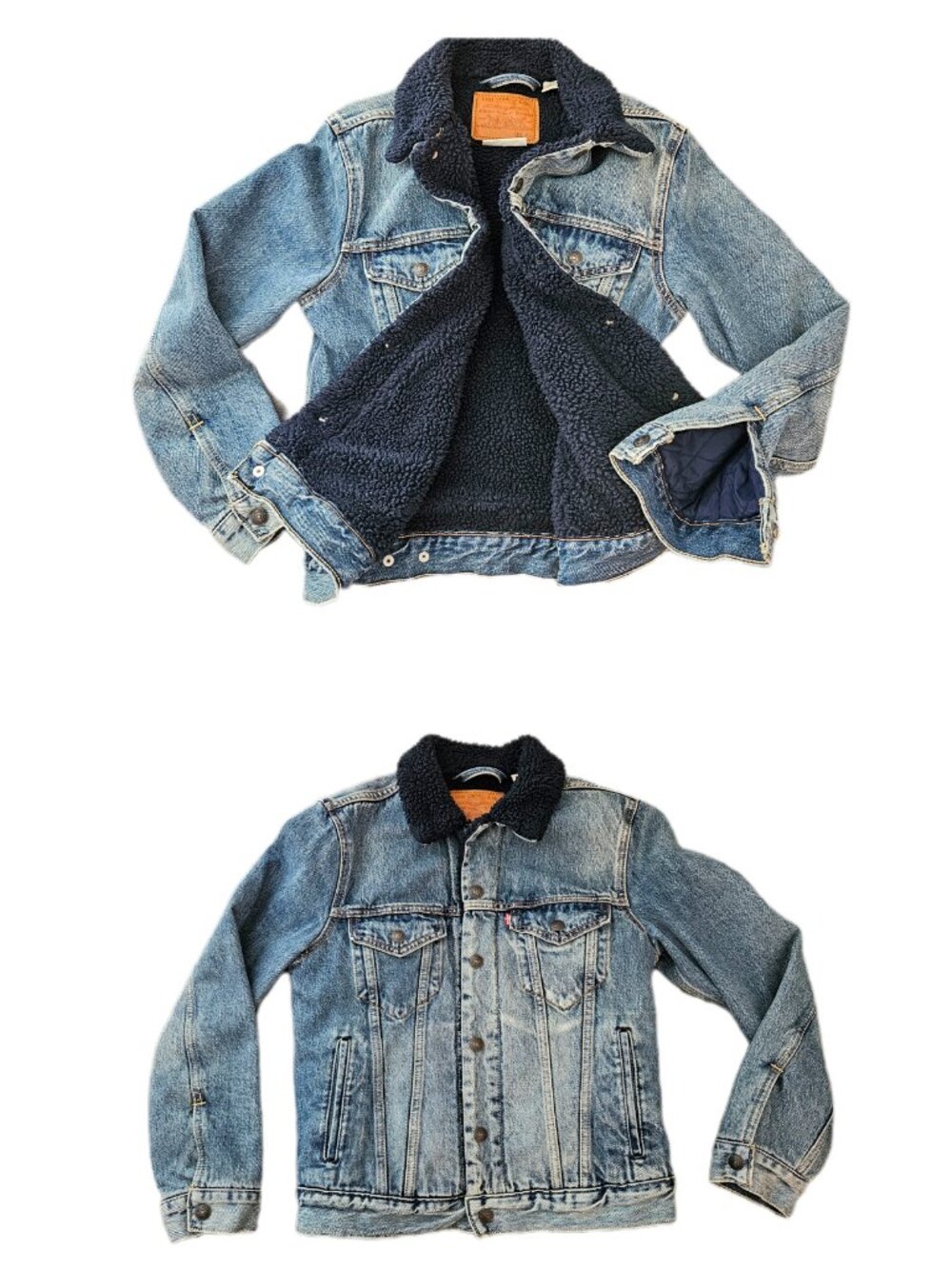 Levi's Women XS Denim Jacket Fleece Lining Navy Blue Sherpa Pockets